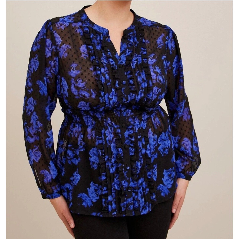 Torrid Women's Black Blue Rose Floral Chiffon Ruffle Smocked Waist Blouse Size 4